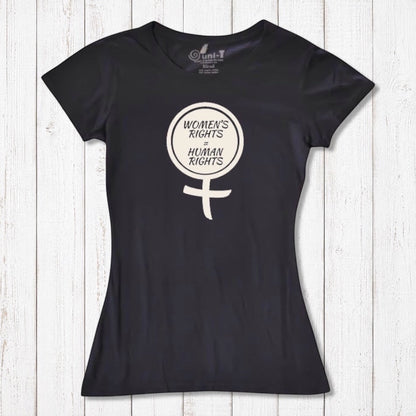 Black Women's Rights T-Shirt made from bamboo and organic cotton, featuring cream feminist symbol. Ethical tee promoting human rights.