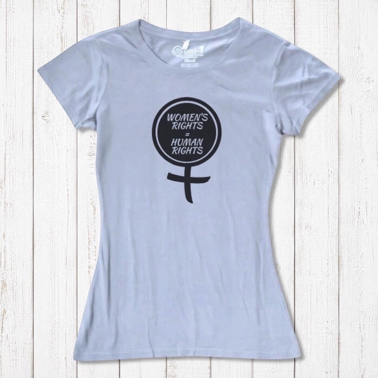 Light blue Women's Rights T-Shirt in bamboo and organic cotton with black feminist graphic. Soft, sustainable top for equality advocates.