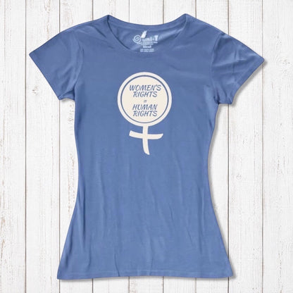 Ocean blue Women's Rights T-Shirt made from bamboo and organic cotton, featuring cream feminist symbol. Eco-conscious feminist apparel.