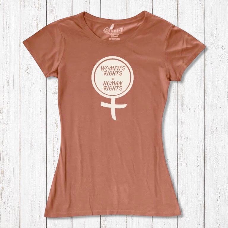 Red clay Women's Rights T-Shirt crafted from bamboo and organic cotton, featuring cream feminist symbol. Bold, ethical fashion choice.