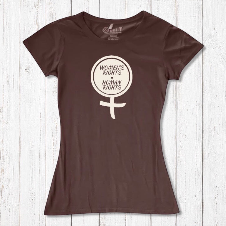 Dark brown Women's Rights T-Shirt in bamboo and organic cotton with cream feminist graphic. Eco-friendly tee supporting women's equality.