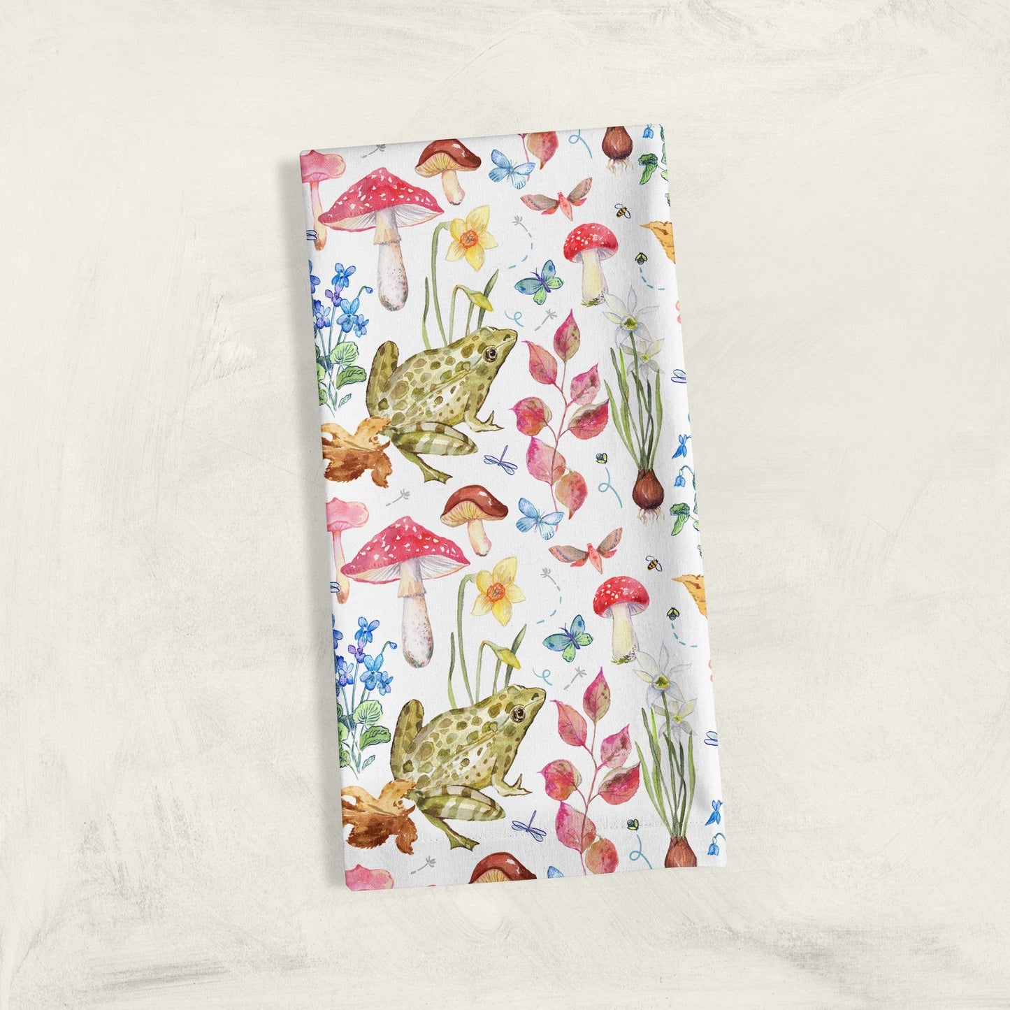 Watercolor frog and flora dish towel for home decor