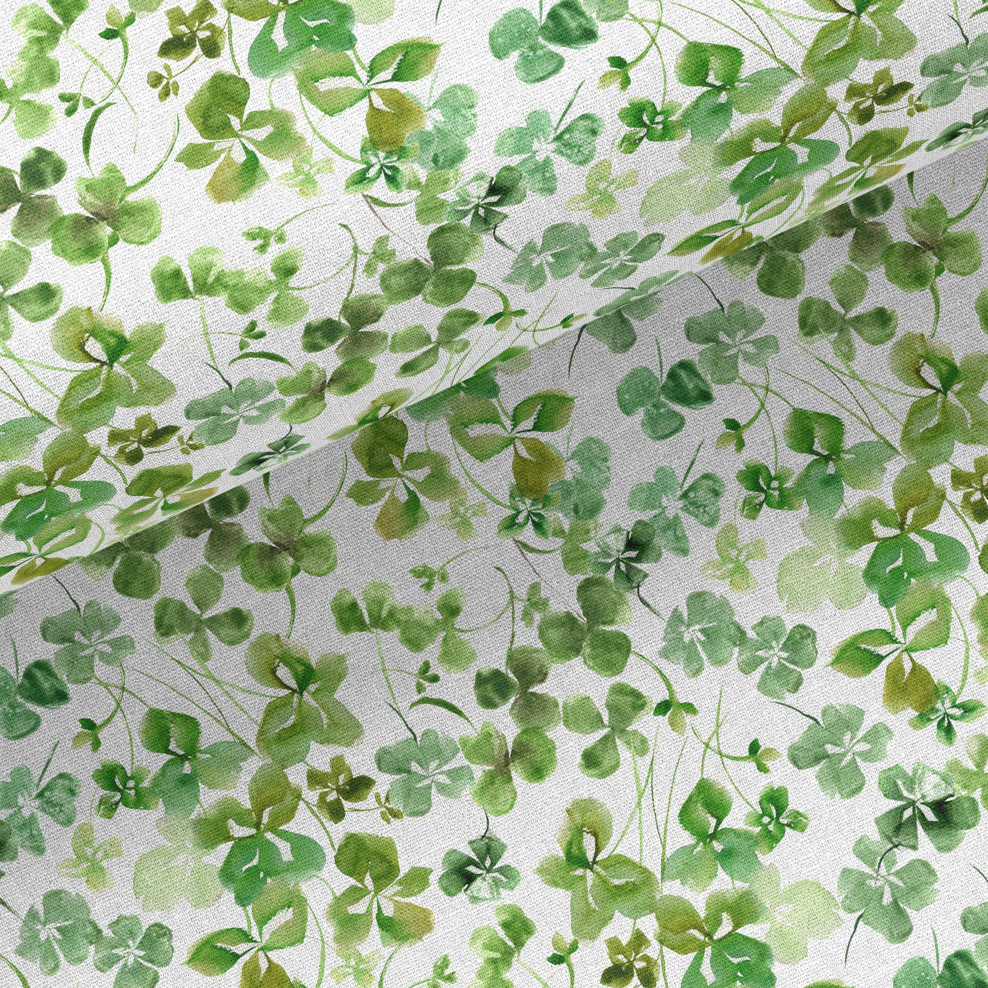 Close-up of watercolor shamrock fabric detail on kitchen towel