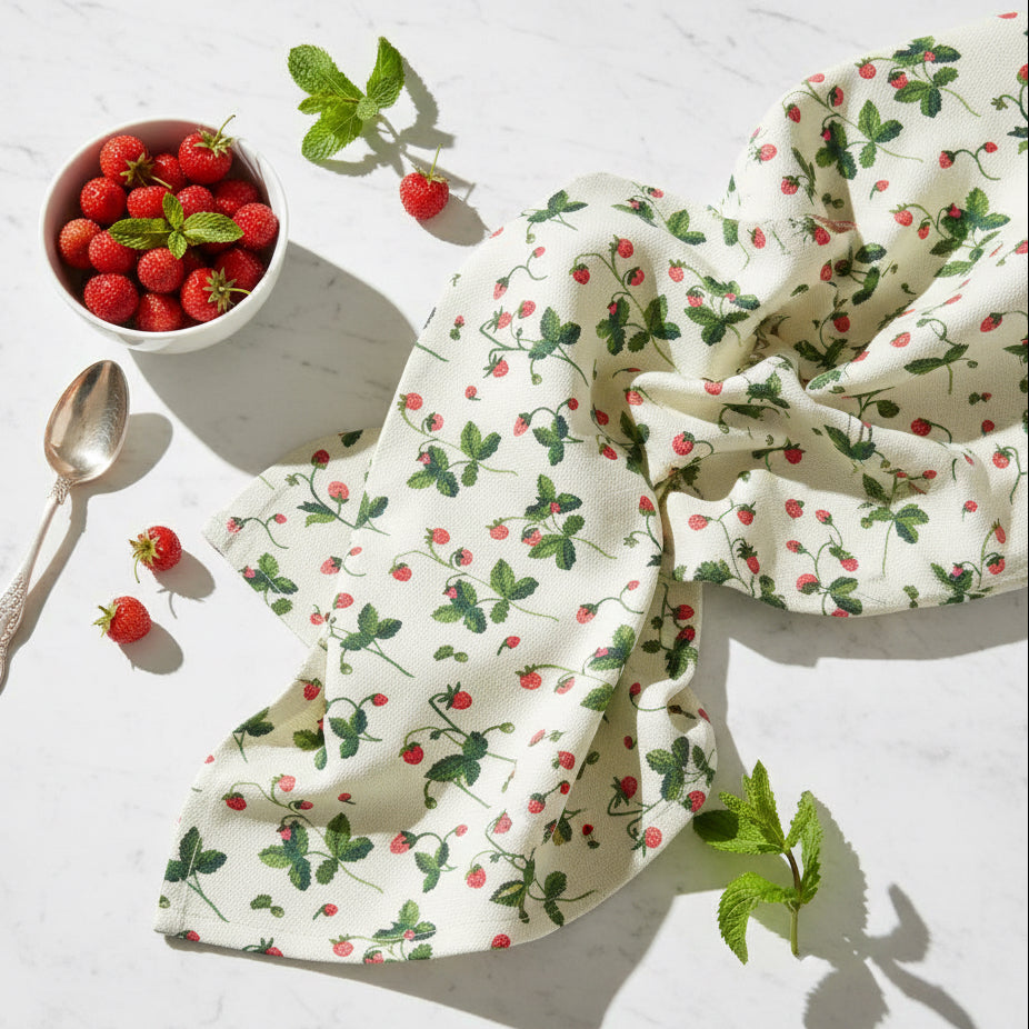 Strawberry patterned cotton-linen kitchen towel