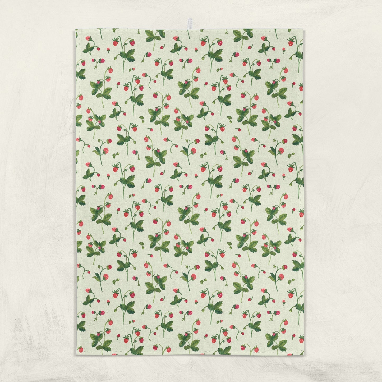 Strawberry print kitchen towel with green leaves