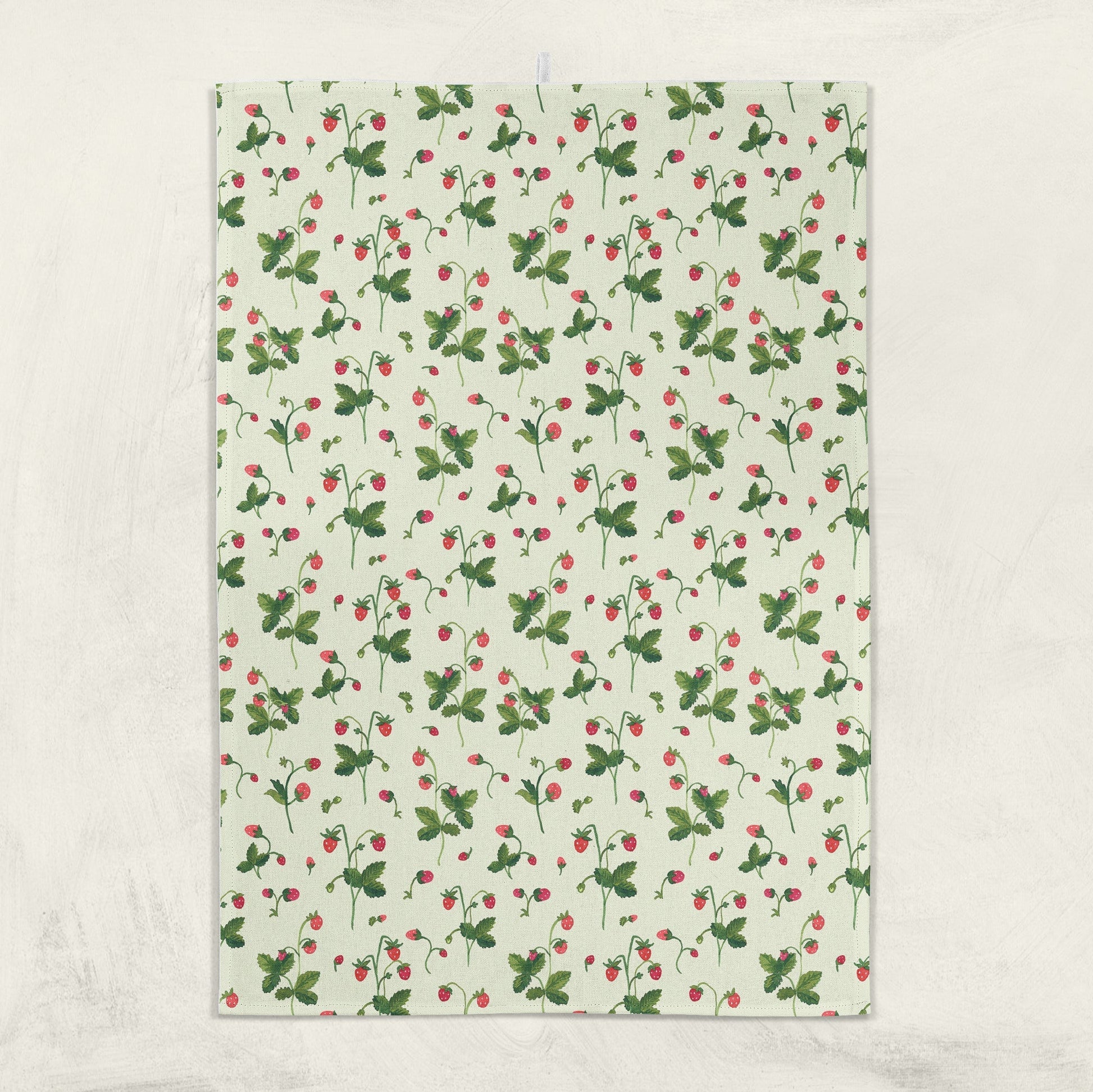 Strawberry print kitchen towel with green leaves