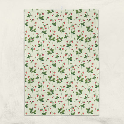 Strawberry print kitchen towel with green leaves