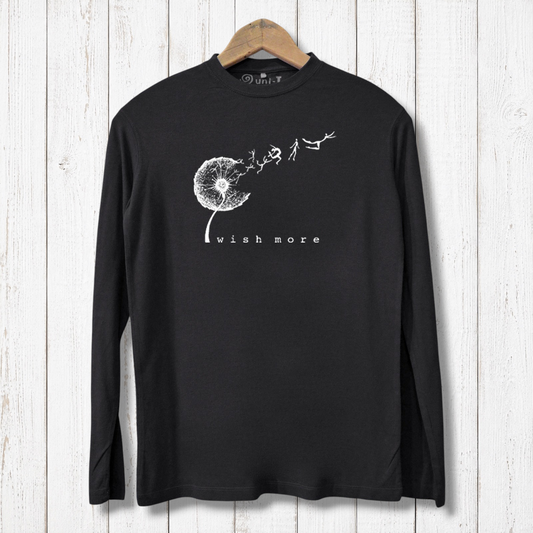 Eco-friendly long sleeve t-shirt for men in black with 'Wish More' dandelion graphic. Made from bamboo and organic cotton for softness and durability.