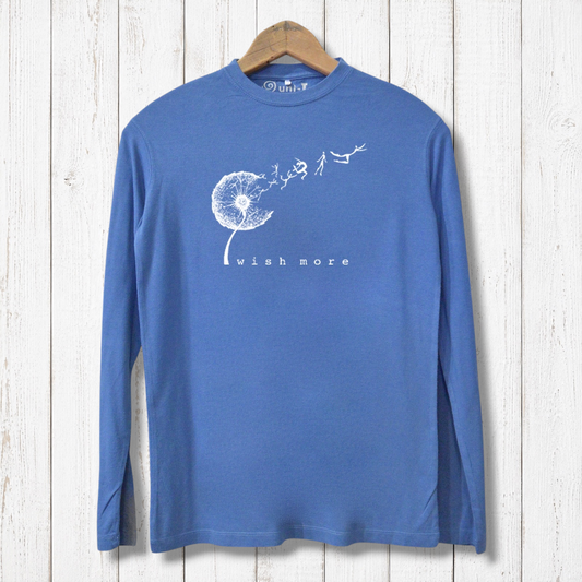 Men’s bamboo and organic cotton long sleeve tee in blue featuring a white 'Wish More' graphic. Sustainable, soft, and ideal for casual wear.