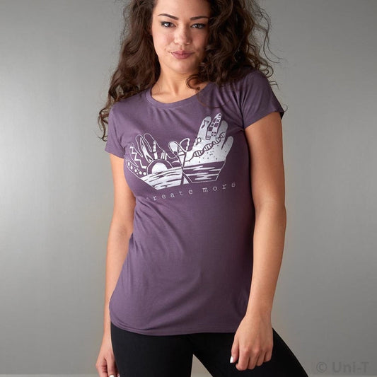 Women's Creativity T-Shirt in Organic Cotton & Bamboo in plum purple, featuring 'Create More' artistic hand graphic by Uni-T. Eco-friendly and fitted.