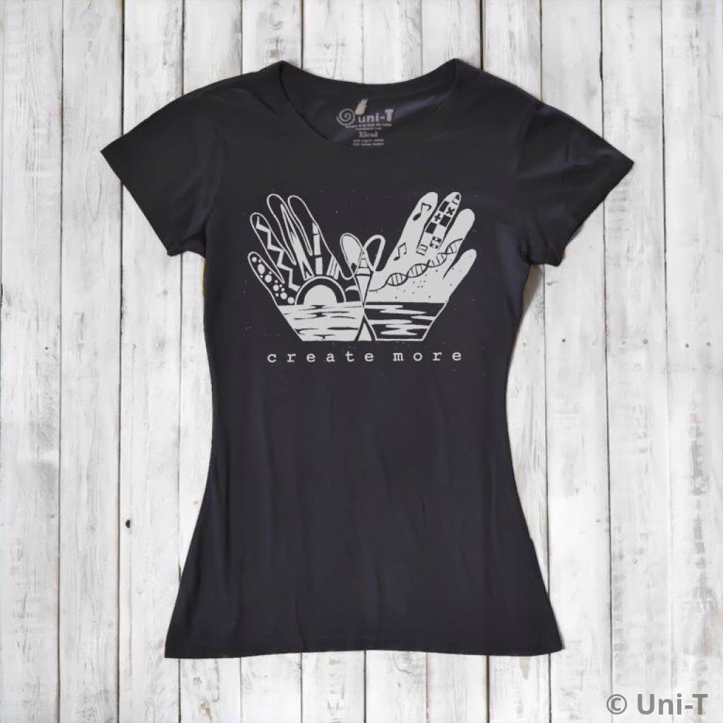 Black Women's Bamboo & Organic Cotton Graphic Tee with 'Create More' hand illustration by Uni-T. Sustainable and artistic fashion top for creatives.