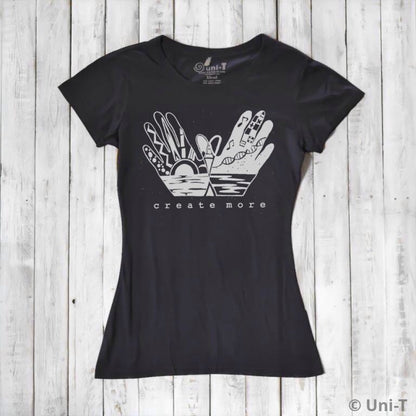 Black Women's Bamboo & Organic Cotton Graphic Tee with 'Create More' hand illustration by Uni-T. Sustainable and artistic fashion top for creatives.