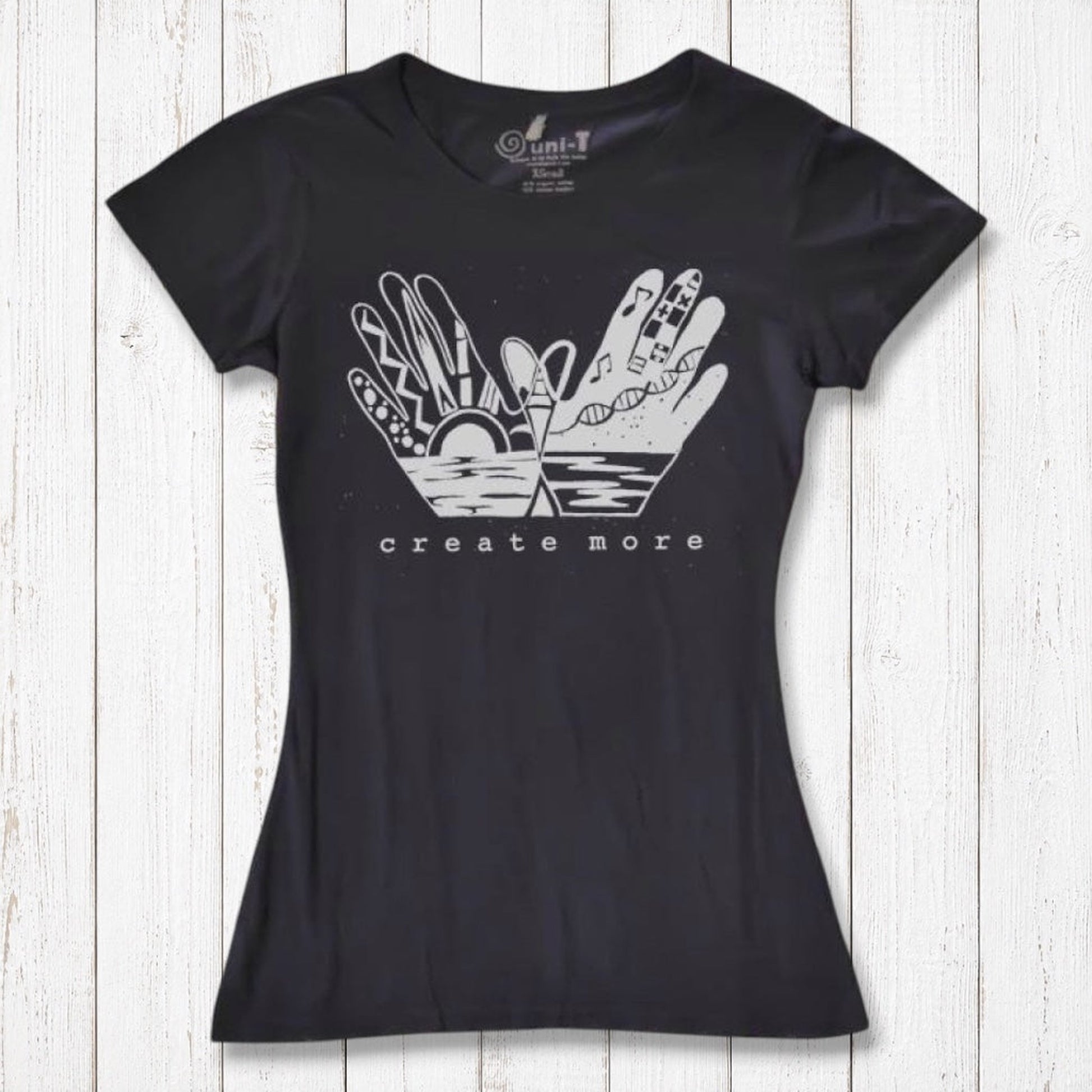 Black Women's Bamboo & Organic Cotton Graphic Tee with 'Create More' hand illustration by Uni-T. Sustainable and artistic fashion top for creatives.