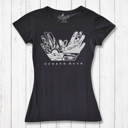 Black Women's Bamboo & Organic Cotton Graphic Tee with 'Create More' hand illustration by Uni-T. Sustainable and artistic fashion top for creatives.