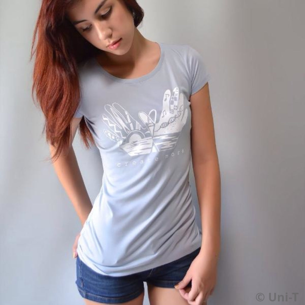 Light blue Women's Creativity T-Shirt in Organic Cotton & Bamboo with 'Create More' graphic. Soft, eco-conscious tee ideal for artists and dreamers.