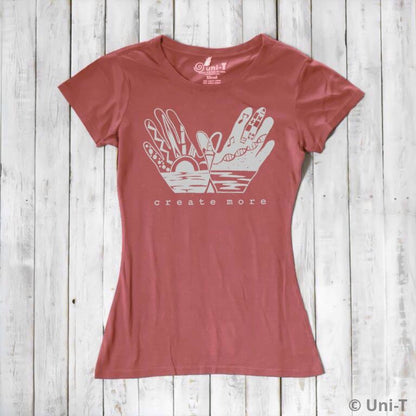 Rust red Women's Artistic Graphic Tee in Organic Cotton & Bamboo with 'Create More' design. Eco-friendly and inspirational gift for creative women.