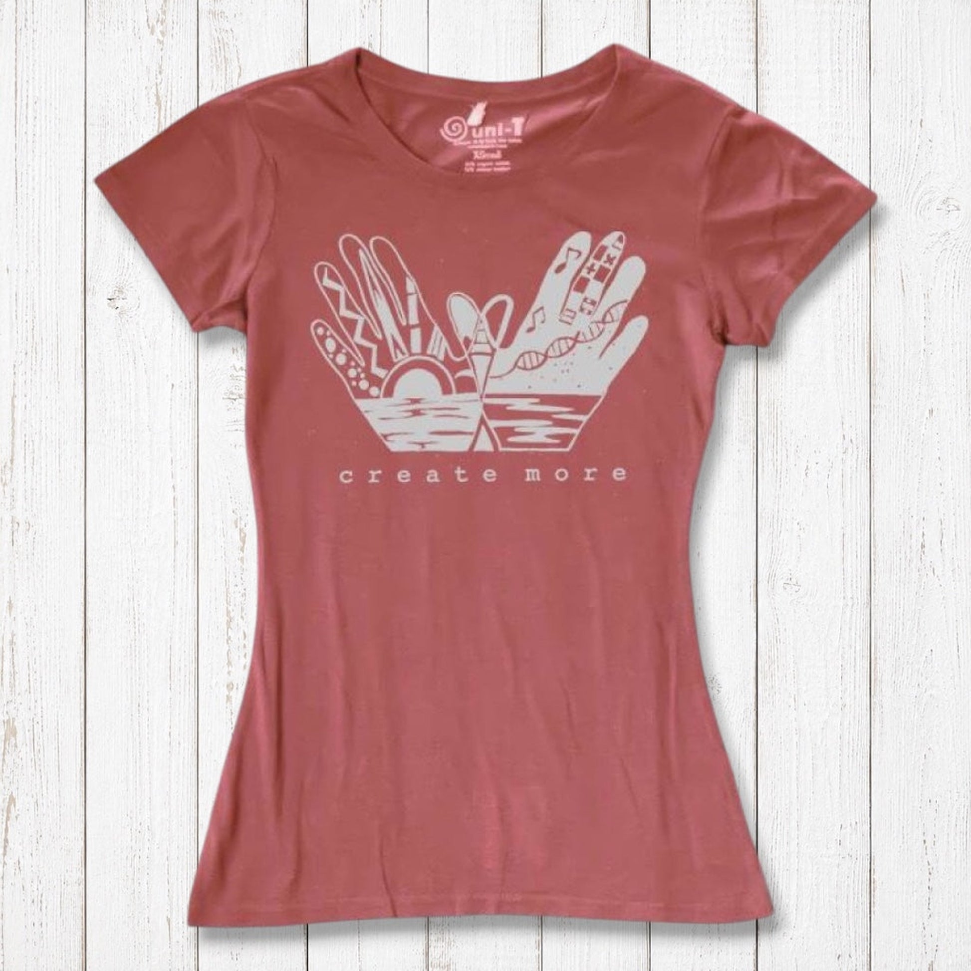 Rust red Women's Artistic Graphic Tee in Organic Cotton & Bamboo with 'Create More' design. Eco-friendly and inspirational gift for creative women.