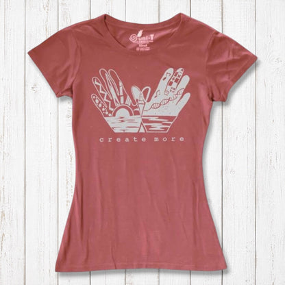 Rust red Women's Artistic Graphic Tee in Organic Cotton & Bamboo with 'Create More' design. Eco-friendly and inspirational gift for creative women.