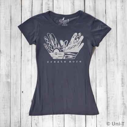 Charcoal gray Women's Eco-Friendly T-Shirt with 'Create More' hand art print by Uni-T. Organic cotton and bamboo blend for sustainable style.