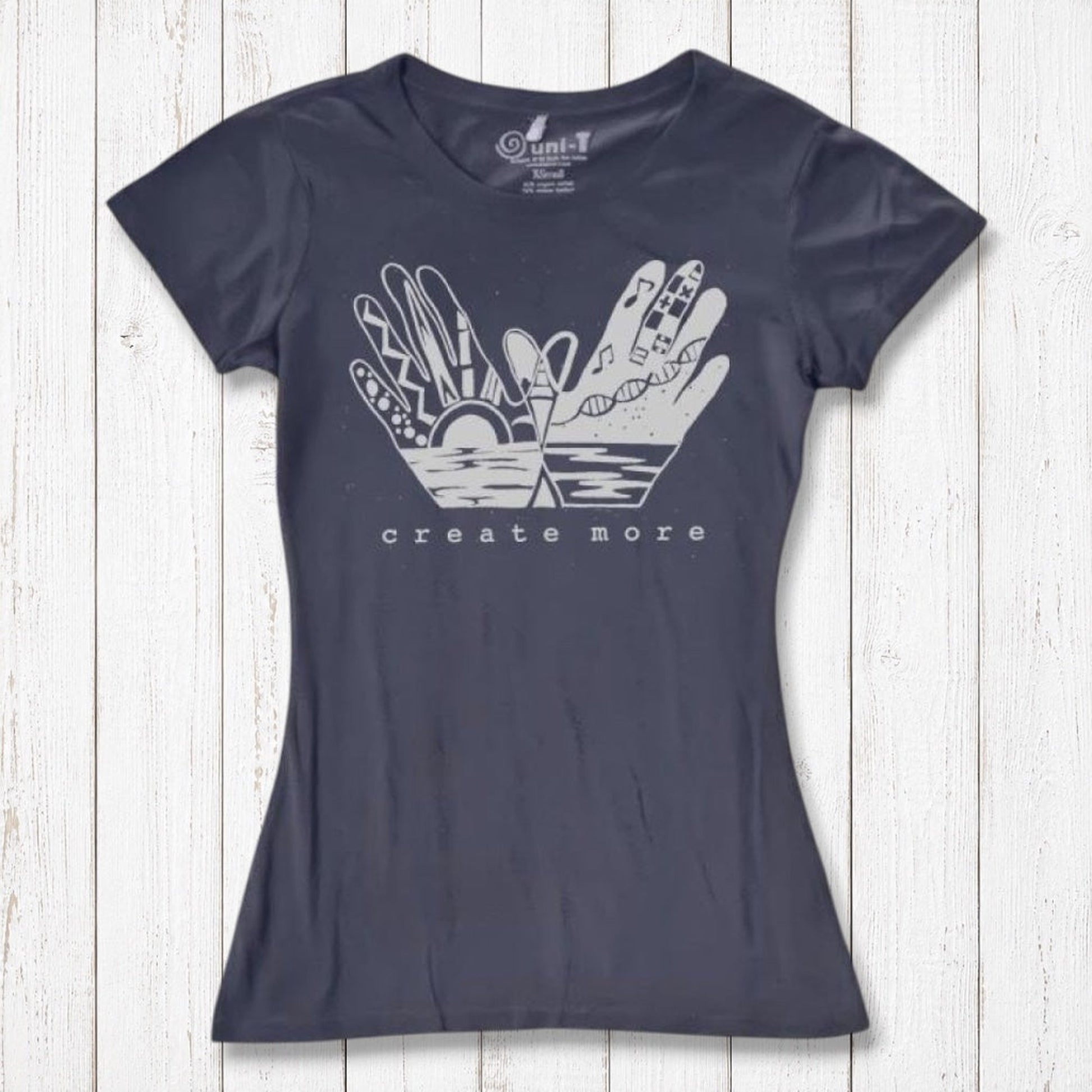 Charcoal gray Women's Eco-Friendly T-Shirt with 'Create More' hand art print by Uni-T. Organic cotton and bamboo blend for sustainable style.