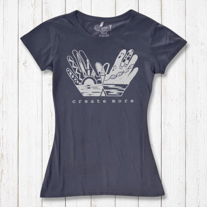 Charcoal gray Women's Eco-Friendly T-Shirt with 'Create More' hand art print by Uni-T. Organic cotton and bamboo blend for sustainable style.