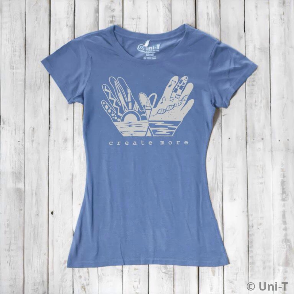 Sky blue Women's Creativity T-Shirt in Organic Cotton & Bamboo with inspirational 'Create More' design. Soft, breathable, and eco-conscious.