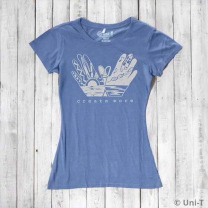 Sky blue Women's Creativity T-Shirt in Organic Cotton & Bamboo with inspirational 'Create More' design. Soft, breathable, and eco-conscious.