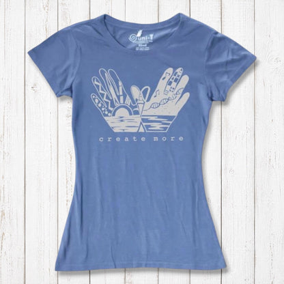 Sky blue Women's Creativity T-Shirt in Organic Cotton & Bamboo with inspirational 'Create More' design. Soft, breathable, and eco-conscious.