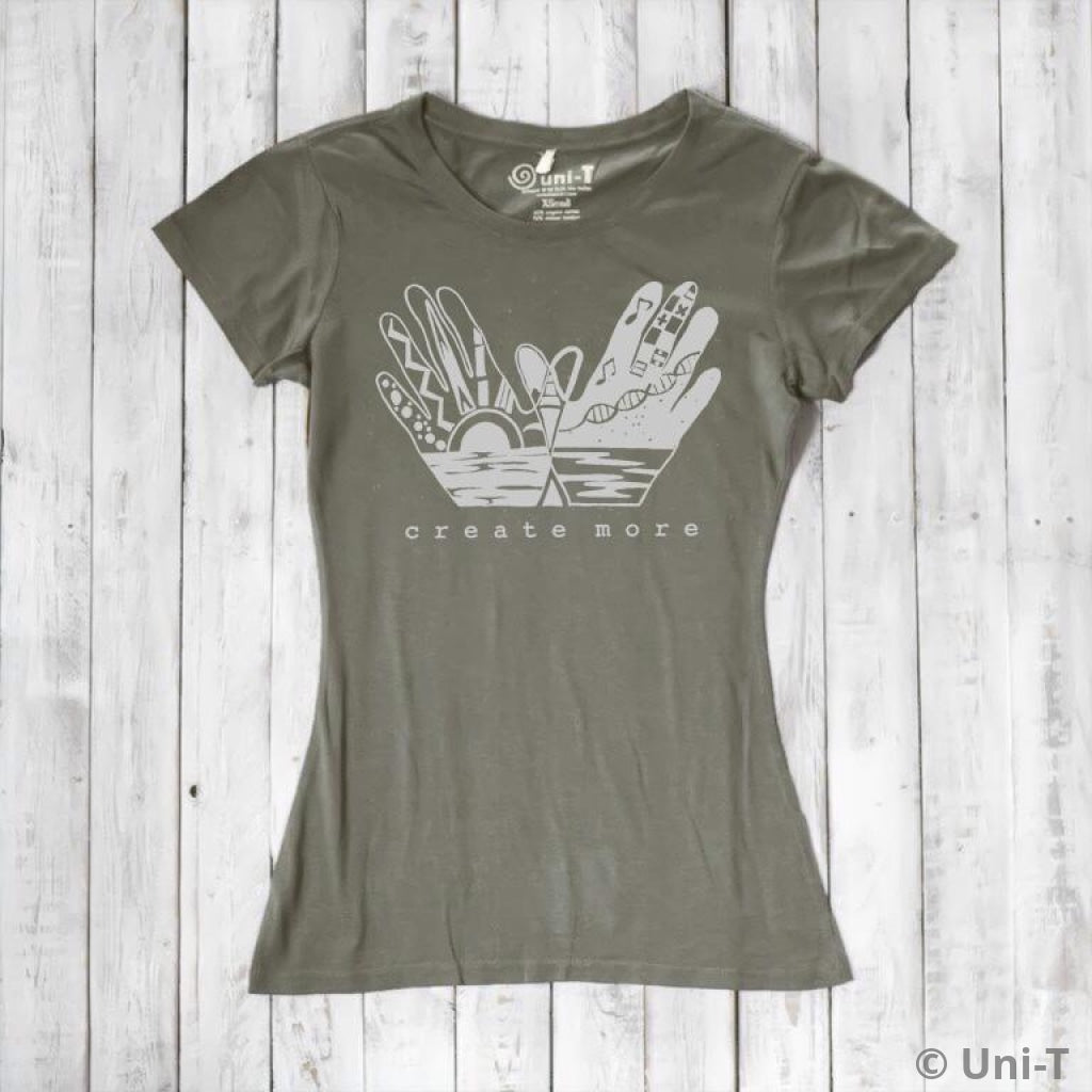 Olive green Women's Artistic Graphic T-Shirt made from Organic Cotton & Bamboo with 'Create More' print. Sustainable and stylish for creatives.