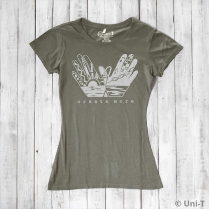 Olive green Women's Artistic Graphic T-Shirt made from Organic Cotton & Bamboo with 'Create More' print. Sustainable and stylish for creatives.
