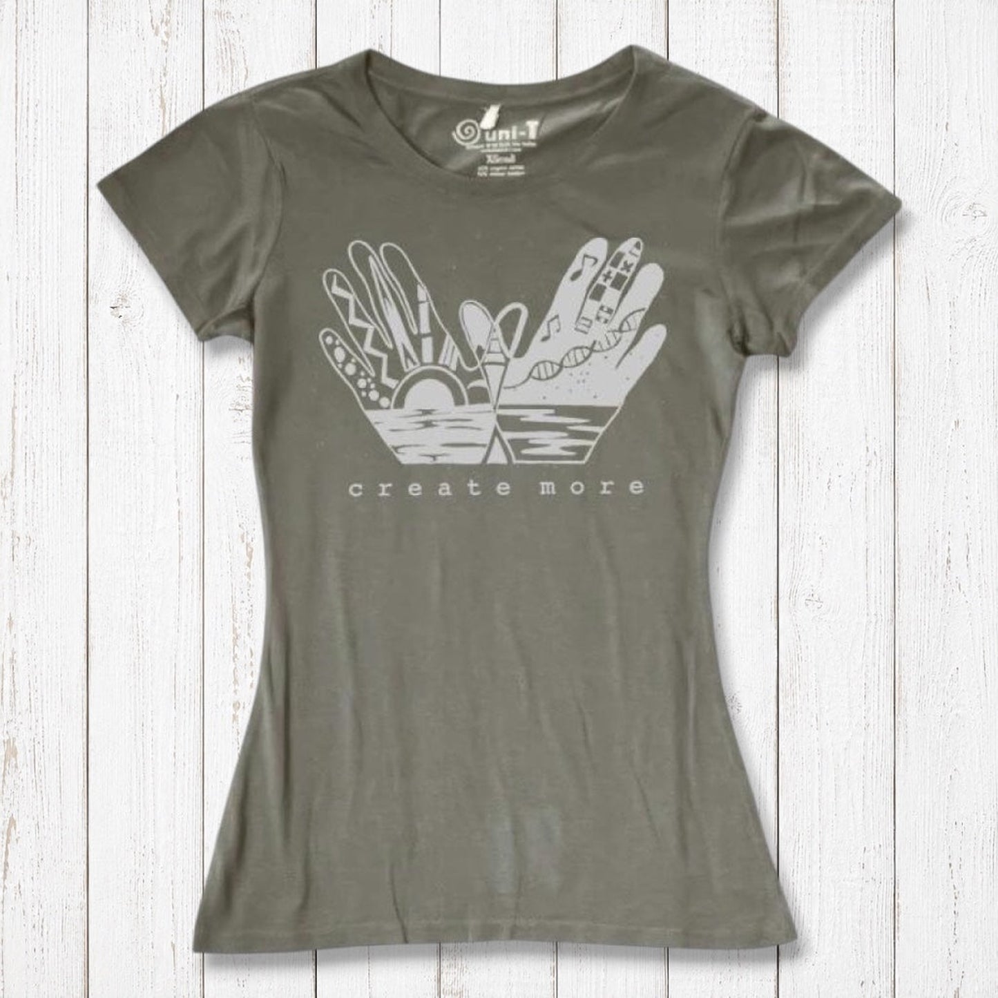 Olive green Women's Artistic Graphic T-Shirt made from Organic Cotton & Bamboo with 'Create More' print. Sustainable and stylish for creatives.