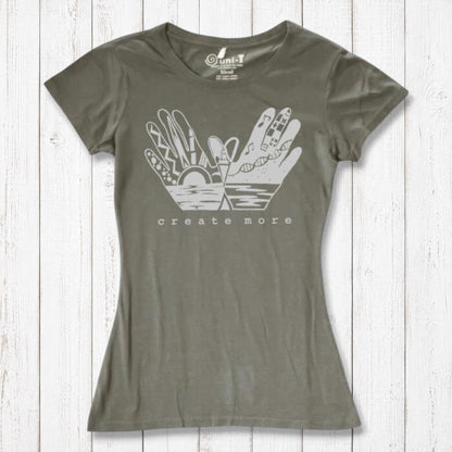 Olive green Women's Artistic Graphic T-Shirt made from Organic Cotton & Bamboo with 'Create More' print. Sustainable and stylish for creatives.