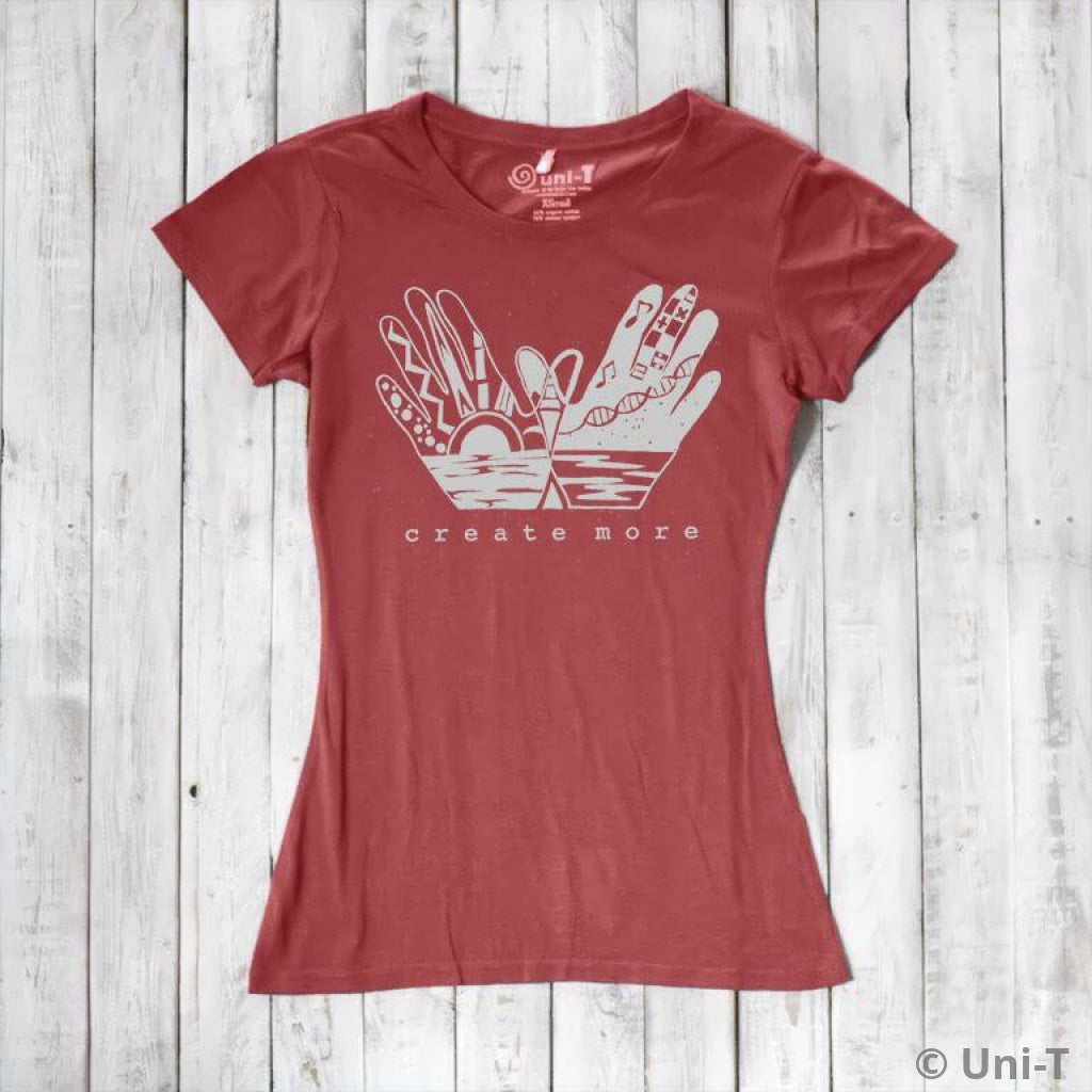 Coral red Women's Bamboo & Organic Cotton T-Shirt with 'Create More' inspirational graphic. Artistic and sustainable fashion for women.