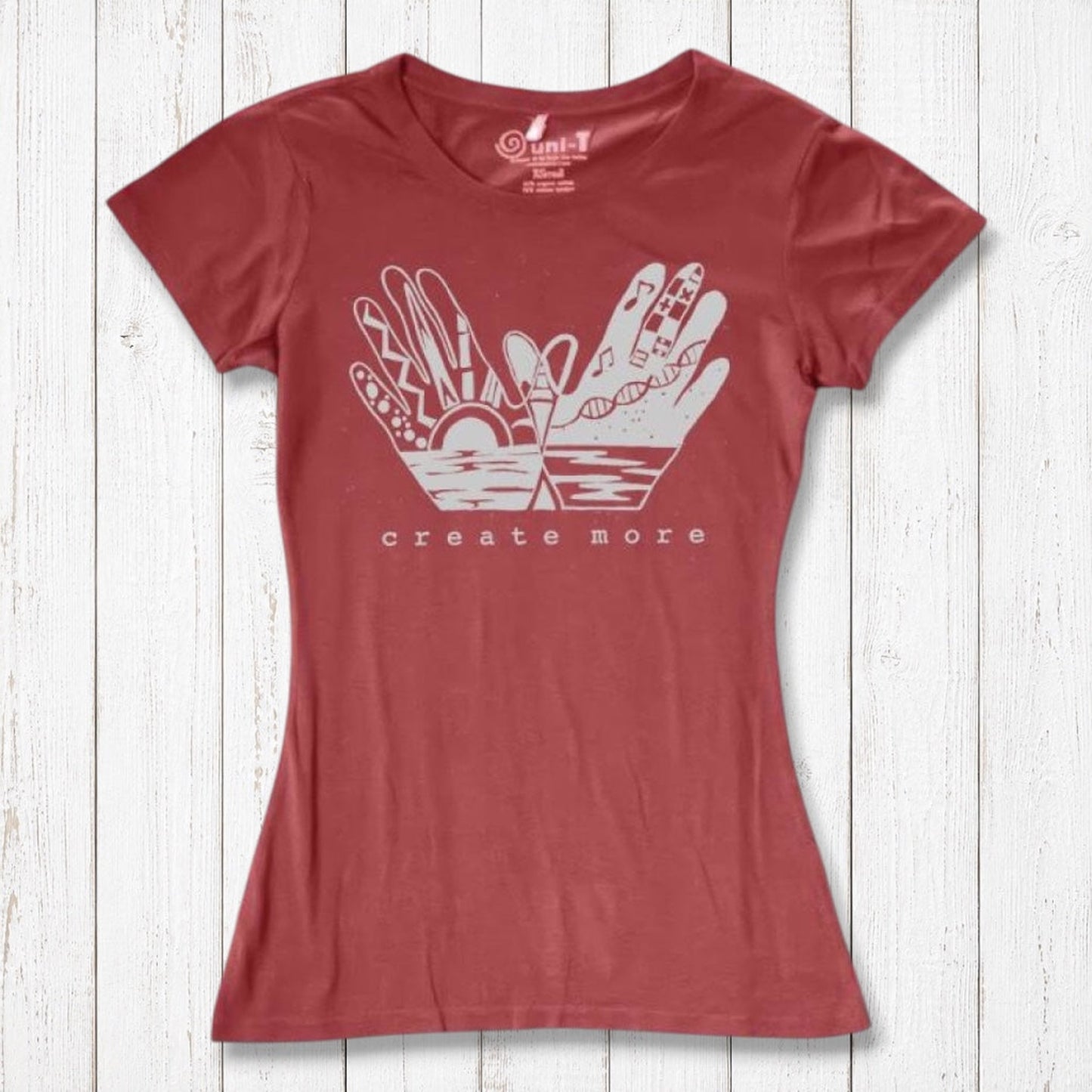 Coral red Women's Bamboo & Organic Cotton T-Shirt with 'Create More' inspirational graphic. Artistic and sustainable fashion for women.
