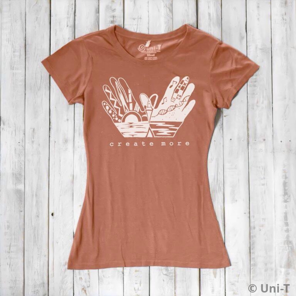 Terracotta Women's Creativity T-Shirt in Organic Cotton & Bamboo with 'Create More' hand illustration. Eco-friendly and artistic wardrobe staple.