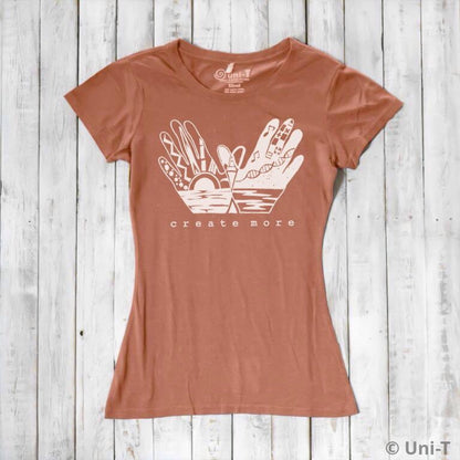 Terracotta Women's Creativity T-Shirt in Organic Cotton & Bamboo with 'Create More' hand illustration. Eco-friendly and artistic wardrobe staple.