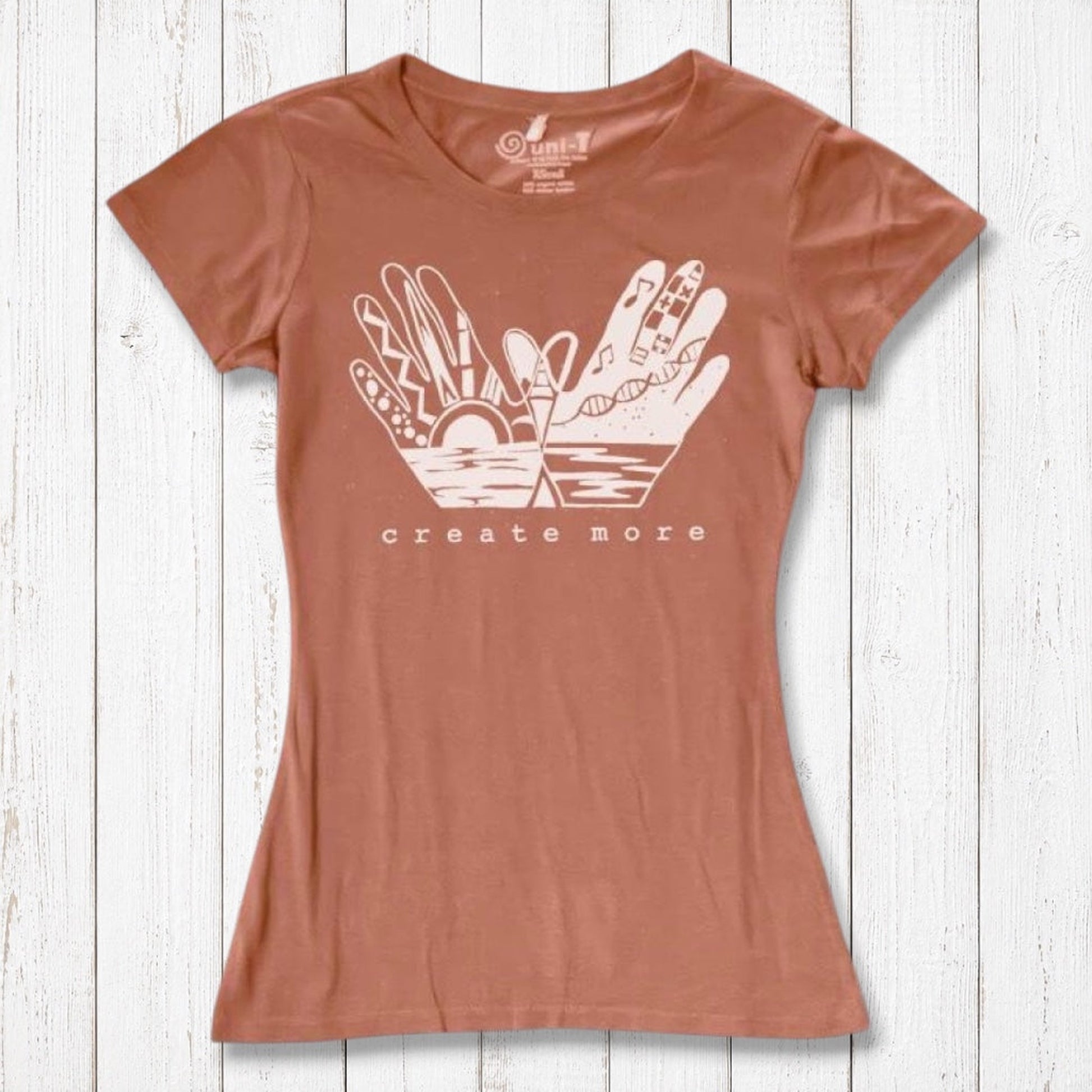Terracotta Women's Creativity T-Shirt in Organic Cotton & Bamboo with 'Create More' hand illustration. Eco-friendly and artistic wardrobe staple.