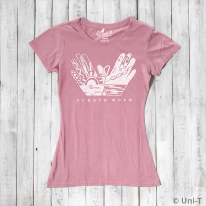 Dusty pink Women's Artistic Graphic Tee in Bamboo & Organic Cotton with 'Create More' design. Soft, sustainable, and perfect for creative spirits.