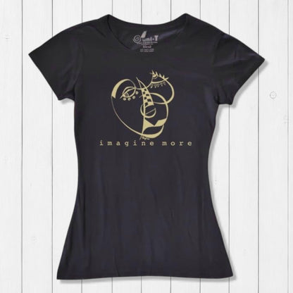 Women's Cubism Face T-Shirt in black bamboo & organic cotton with abstract gold line art and 'imagine more' text. Eco-friendly artistic tee.