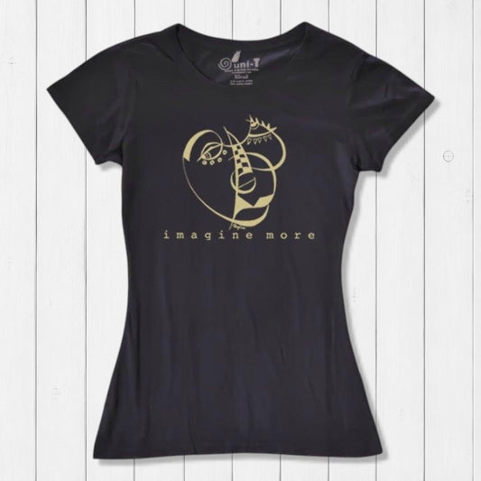 Women's Cubism Face T-Shirt in black bamboo & organic cotton with abstract gold line art and 'imagine more' text. Eco-friendly artistic tee.