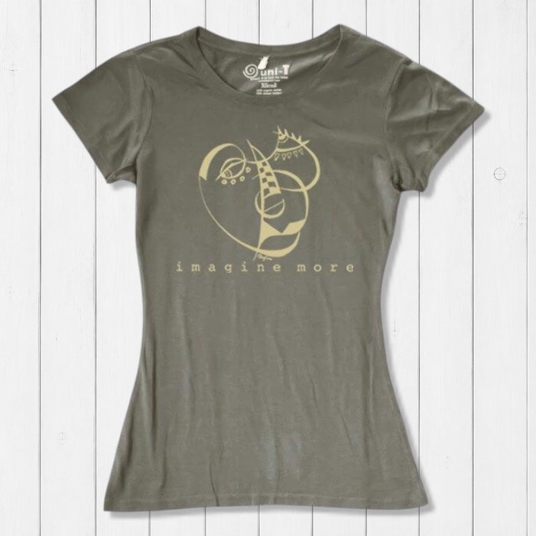 Olive green Women's Cubism Face T-Shirt made from bamboo & organic cotton, showcasing abstract face art and 'imagine more' message. Artistic fashion top.