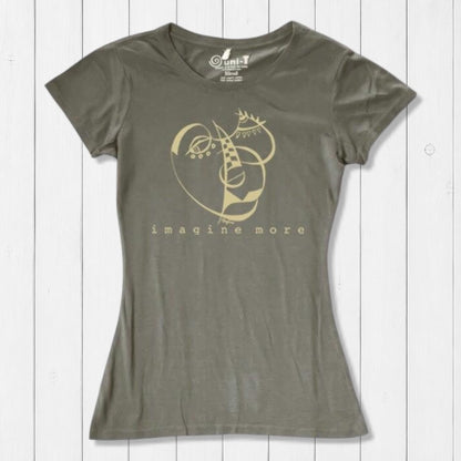 Olive green Women's Cubism Face T-Shirt made from bamboo & organic cotton, showcasing abstract face art and 'imagine more' message. Artistic fashion top.