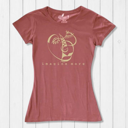 Rust red Women's Cubism Face T-Shirt in bamboo & organic cotton with abstract gold face print and 'imagine more' text. Unique gift for creatives.