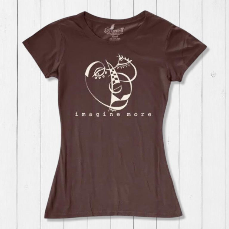Chocolate brown Women's Cubism Face T-Shirt in bamboo & organic cotton with cream abstract face and 'imagine more' slogan. Sustainable art tee.