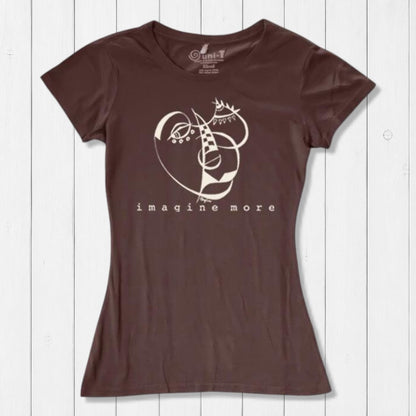 Chocolate brown Women's Cubism Face T-Shirt in bamboo & organic cotton with cream abstract face and 'imagine more' slogan. Sustainable art tee.