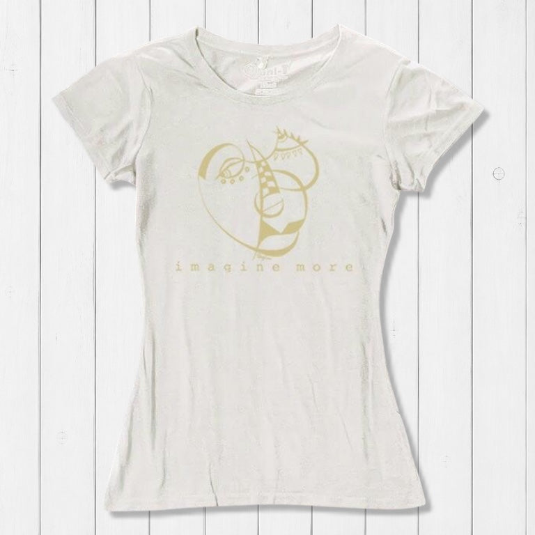 Ivory Women's Cubism Face T-Shirt in bamboo & organic cotton with subtle gold abstract face and 'imagine more' text. Minimalist art tee for women.