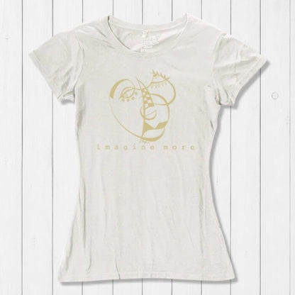 Ivory Women's Cubism Face T-Shirt in bamboo & organic cotton with subtle gold abstract face and 'imagine more' text. Minimalist art tee for women.