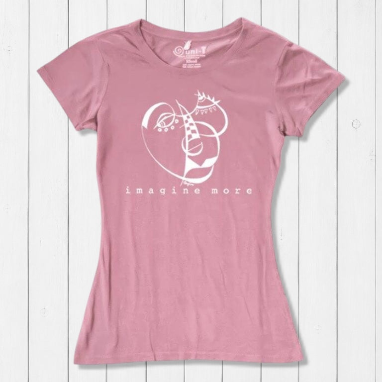 Pink Women's Cubism Face T-Shirt in bamboo & organic cotton with white abstract face and 'imagine more' text. Soft, sustainable gift for artists.