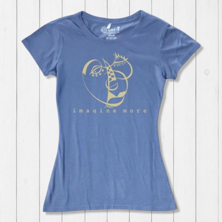 Periwinkle Women's Cubism Face T-Shirt in bamboo & organic cotton with gold abstract face and 'imagine more' text. Contemporary eco-friendly fashion.