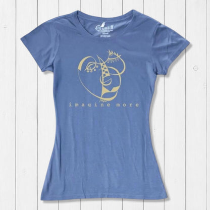 Periwinkle Women's Cubism Face T-Shirt in bamboo & organic cotton with gold abstract face and 'imagine more' text. Contemporary eco-friendly fashion.